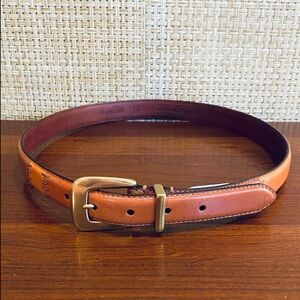 Vintage 1990s Fossil Two-Tone Cognac &Tan Leather Belt
w/ Solid Brass Buckle